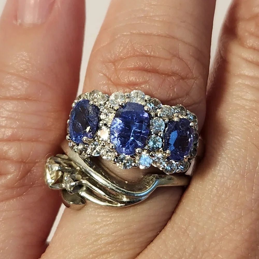VTG WT 1.65ctw Genuine Natural BLUE Tanzanite Trilogy Ring Size 7 Lopez - Picture 12 of 16
